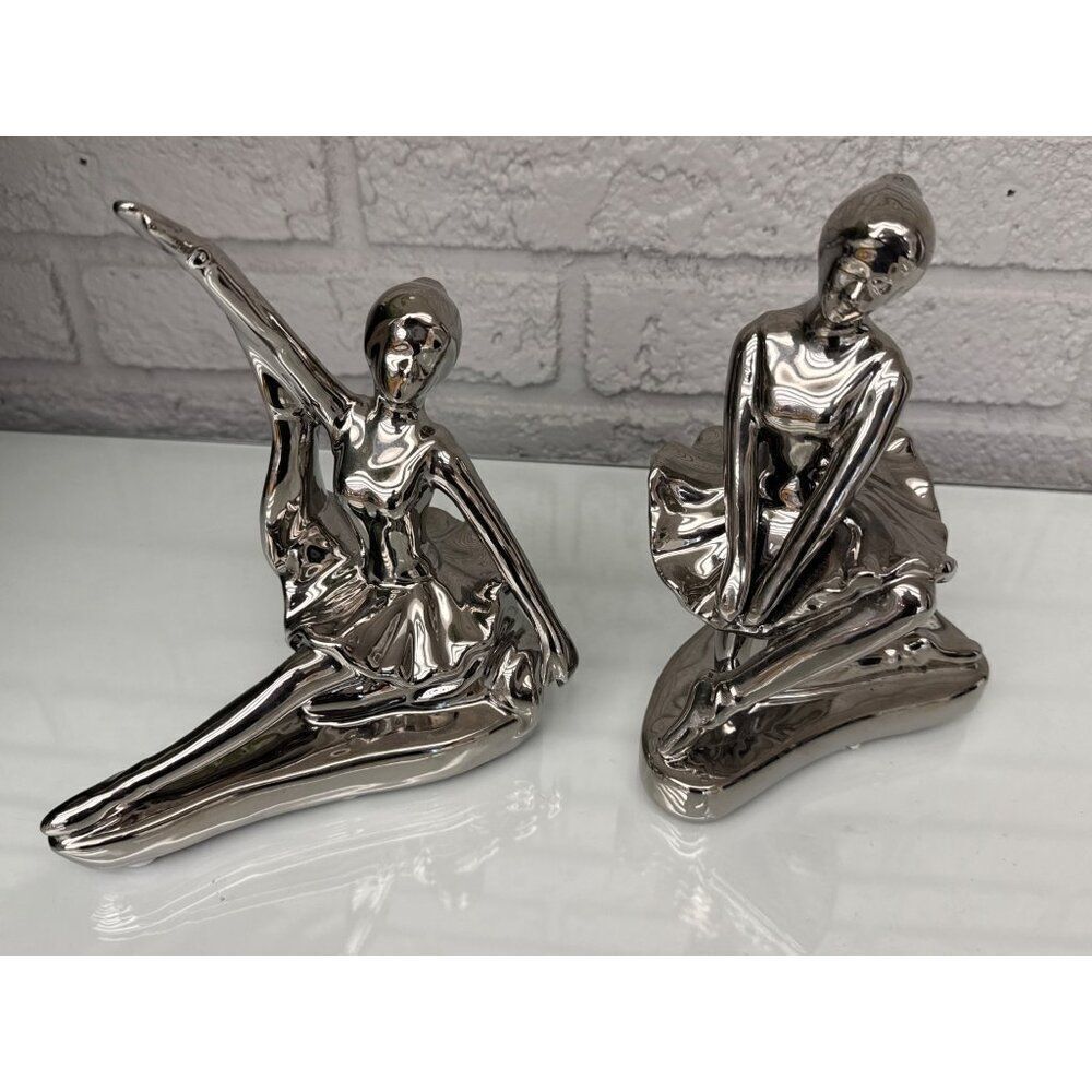 The Novogratz Set 2 Silver Porcelain Ballerina Dancer Sculpture